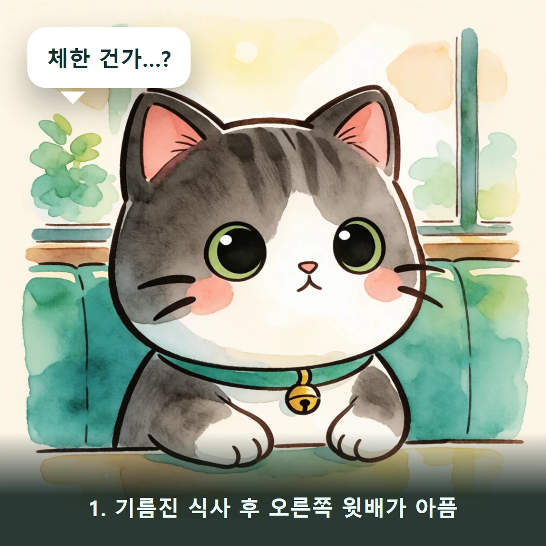 웹툰 1컷 — 1. 기름진 식사 후 오른쪽 윗배가 아픔 (체한 건가…?)