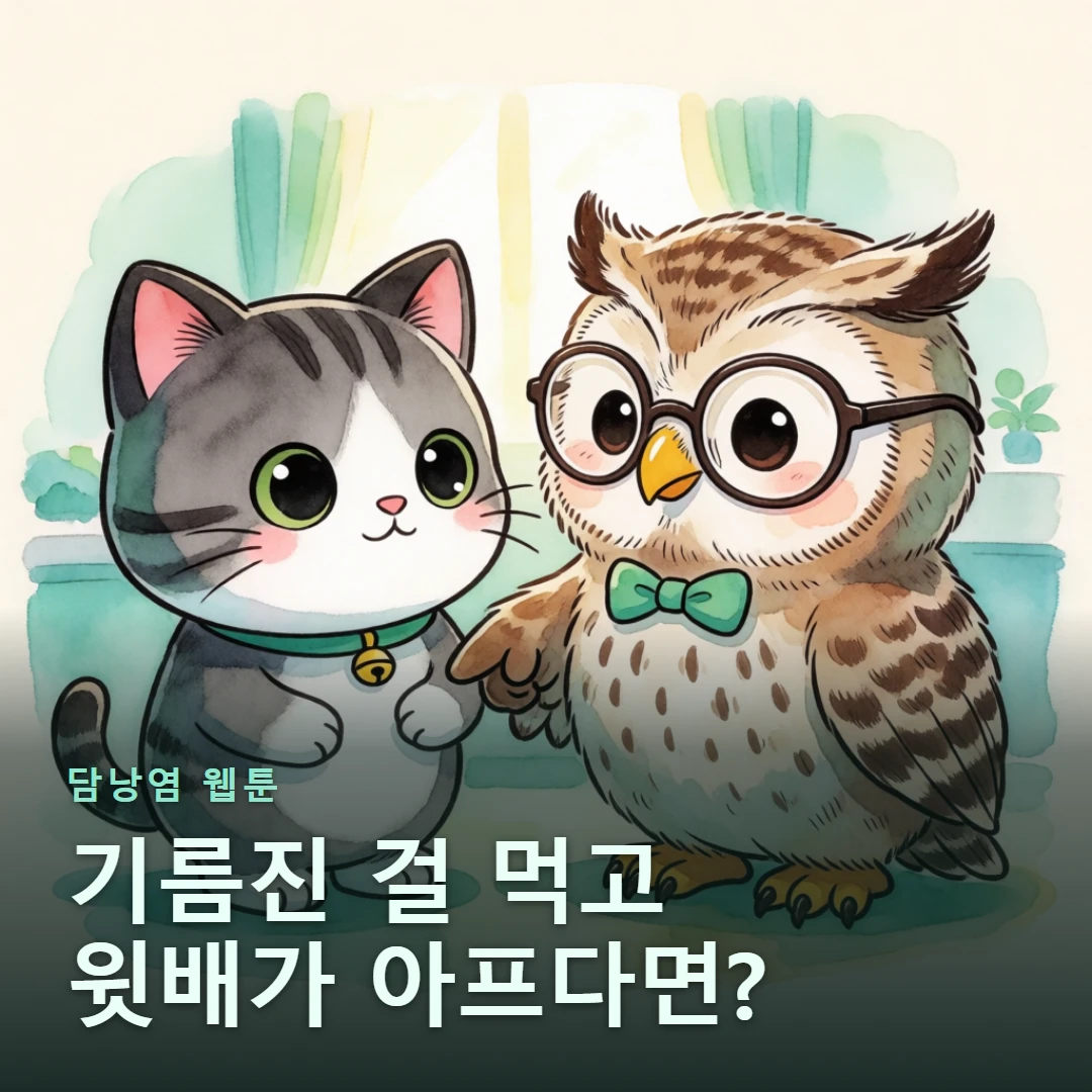 담낭염 웹툰 표지 — 기름진 걸 먹고 윗배가 아프다면?