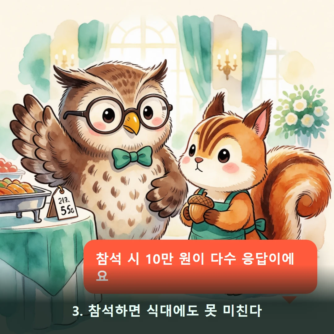 웹툰 3컷 — 3. 참석하면 식대에도 못 미친다 (참석 시 10만 원이 다수 응답이에요)