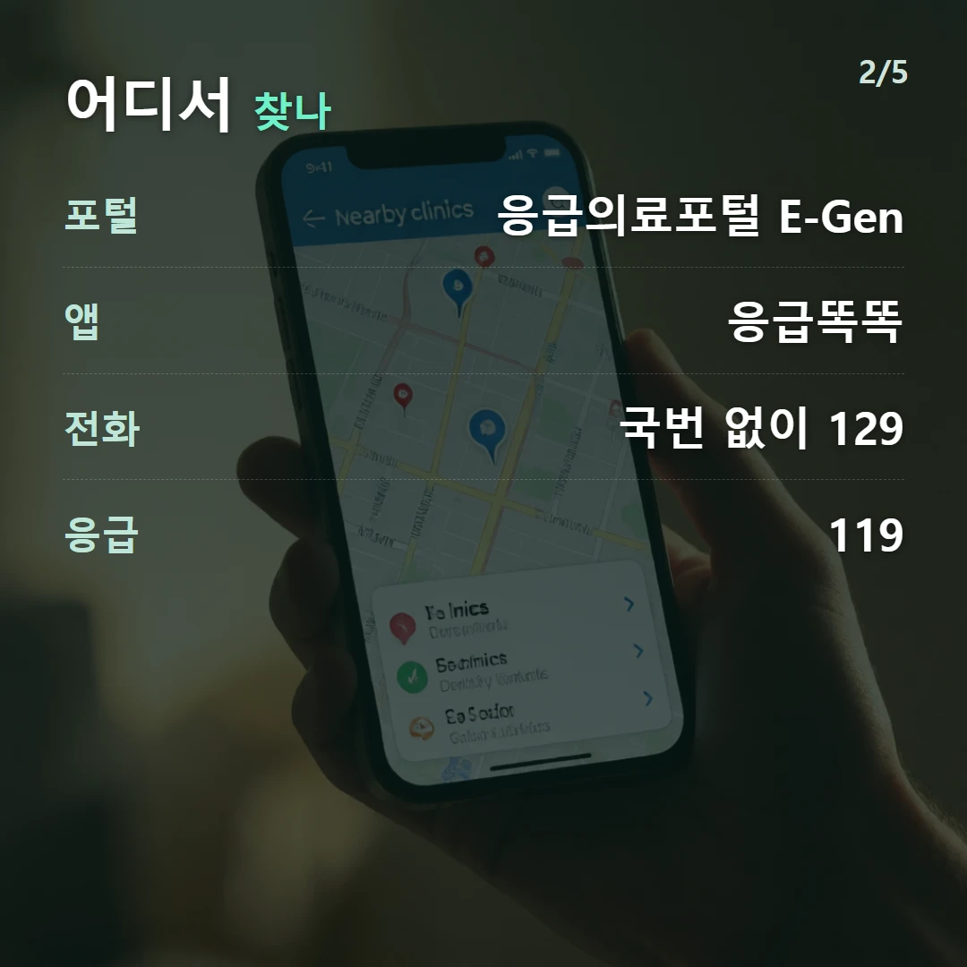 어디서 찾나 — 포털 응급의료포털 E-Gen, 앱 응급똑똑, 전화 국번 없이 129, 응급 119