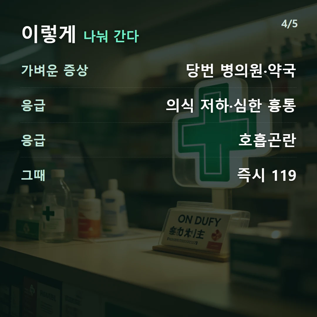 이렇게 나눠 간다 — 가벼운 증상 당번 병의원·약국, 응급 의식 저하·심한 흉통, 응급 호흡곤란, 그때 즉시 119