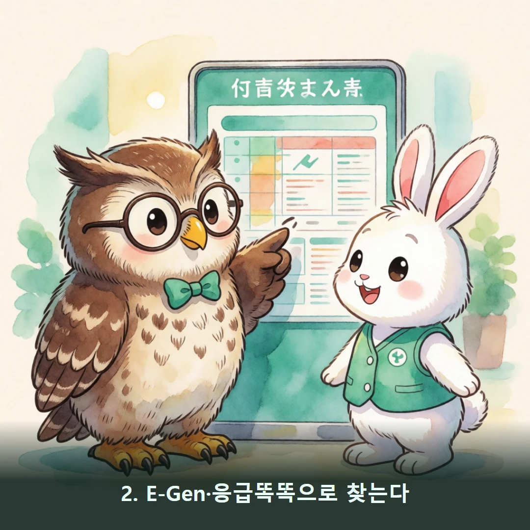 웹툰 2컷 — 2. E-Gen·응급똑똑으로 찾는다