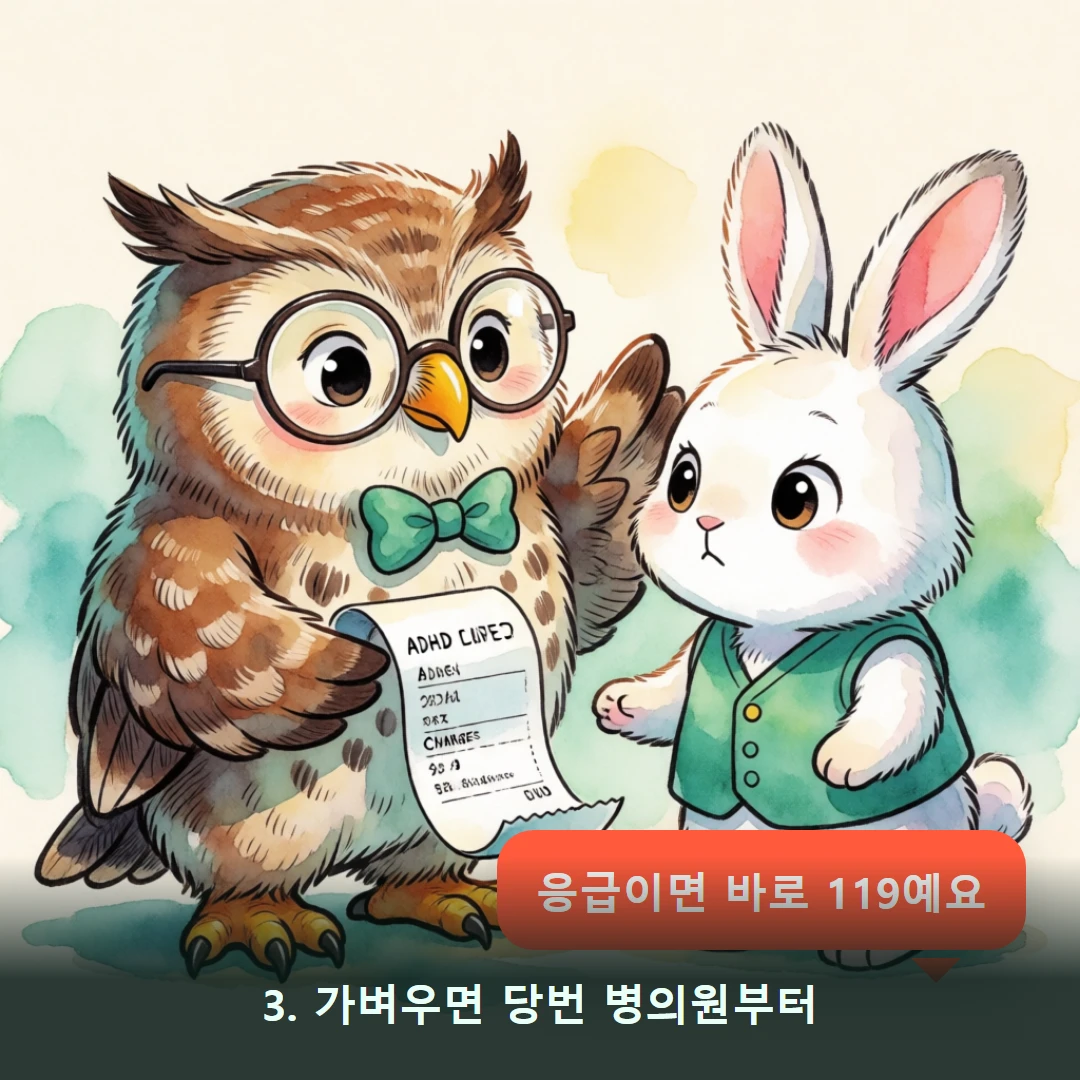 웹툰 3컷 — 3. 가벼우면 당번 병의원부터 (응급이면 바로 119예요)