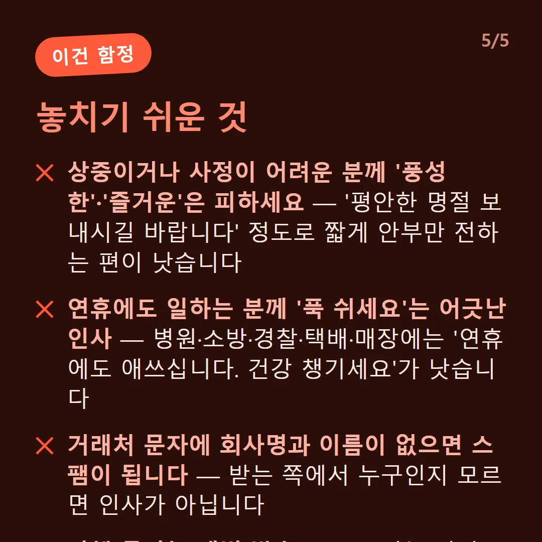 놓치기 쉬운 것 — 상중이거나 사정이 어려운 분께 '풍성한'·'즐거운'은 피하세요 — '평안한 명절 보내시길 바랍니다' 정도로 짧게 안부만 전하는 편이 낫습니다 / 연휴에도 일하는 분께 '푹 쉬세요'는 어긋난 인사 — 병원·소방·경찰·택배·매장에는 '연휴에도 애쓰십니다. 건강 챙기세요'가 낫습니다 / 거래처 문자에 회사명과 이름이 없으면 스팸이 됩니다 — 받는 쪽에서 누구인지 모르면 인사가 아닙니다 / 단체 문자는 개별 발송으로 — 받는 사람 번호가 서로 보이지 않게 보내세요