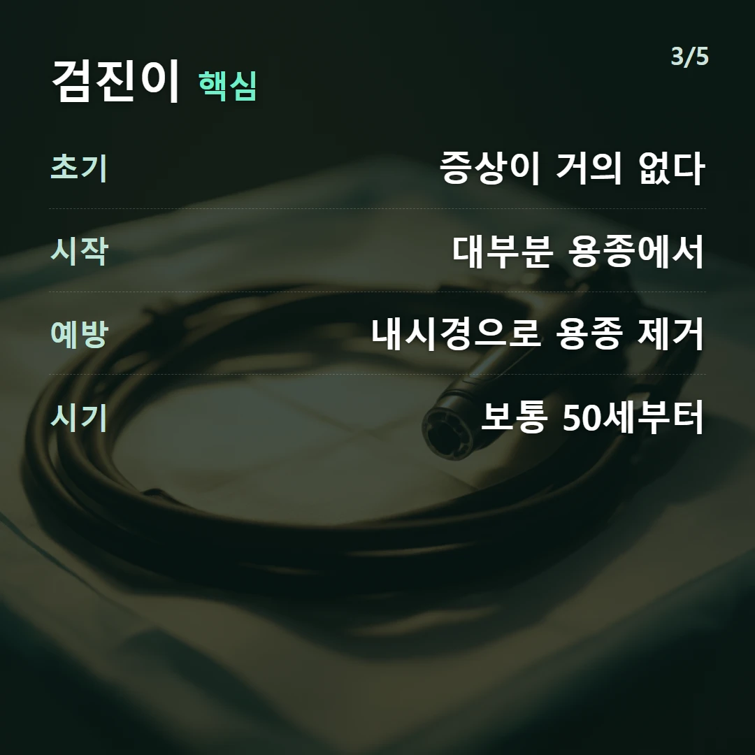 검진이 핵심 — 초기 증상이 거의 없다, 시작 대부분 용종에서, 예방 내시경으로 용종 제거, 시기 보통 50세부터