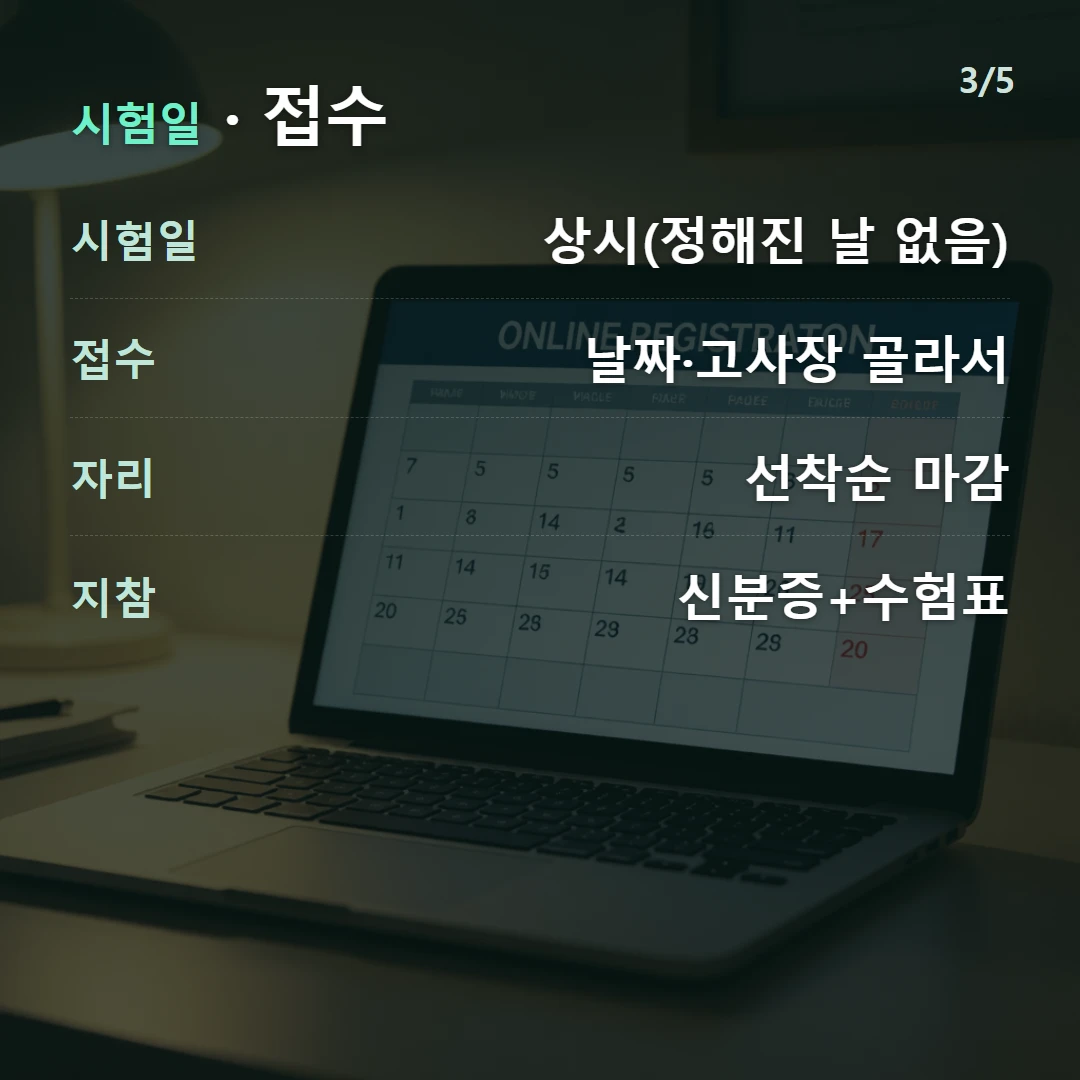 시험일 · 접수 — 시험일 상시(정해진 날 없음), 접수 날짜·고사장 골라서, 자리 선착순 마감, 지참 신분증+수험표