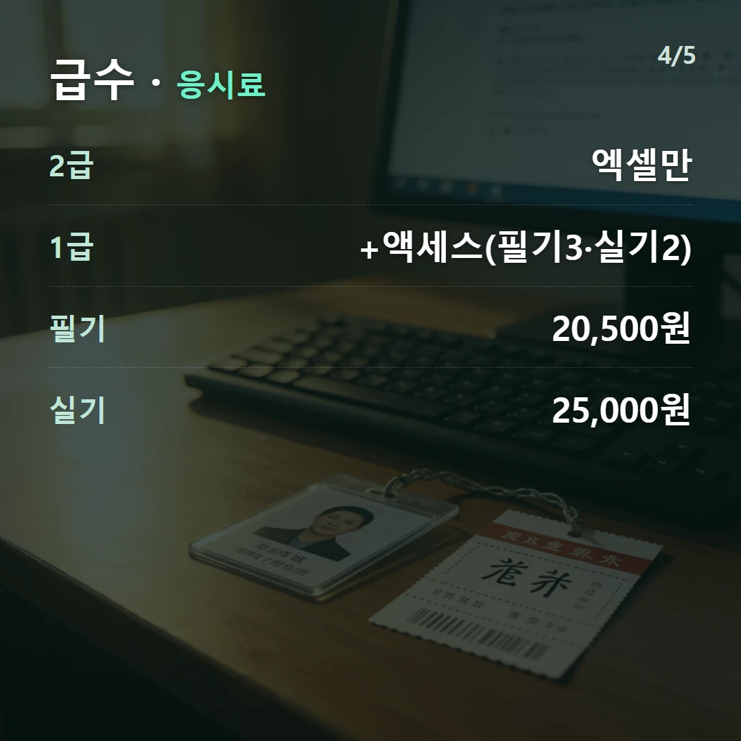 급수 · 응시료 — 2급 엑셀만, 1급 +액세스(필기3·실기2), 필기 20,500원, 실기 25,000원