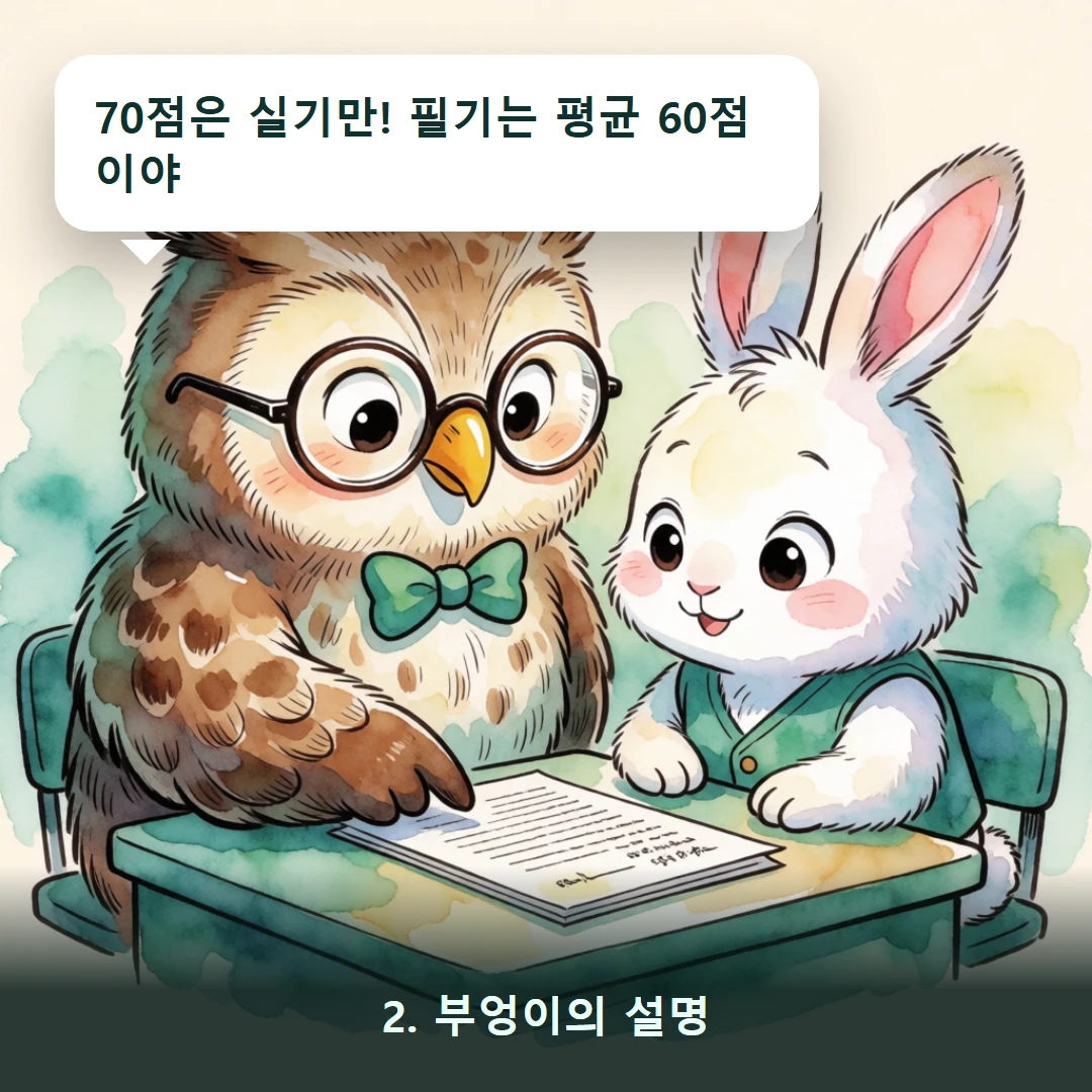 웹툰 2컷 — 2. 부엉이의 설명 (70점은 실기만! 필기는 평균 60점이야)