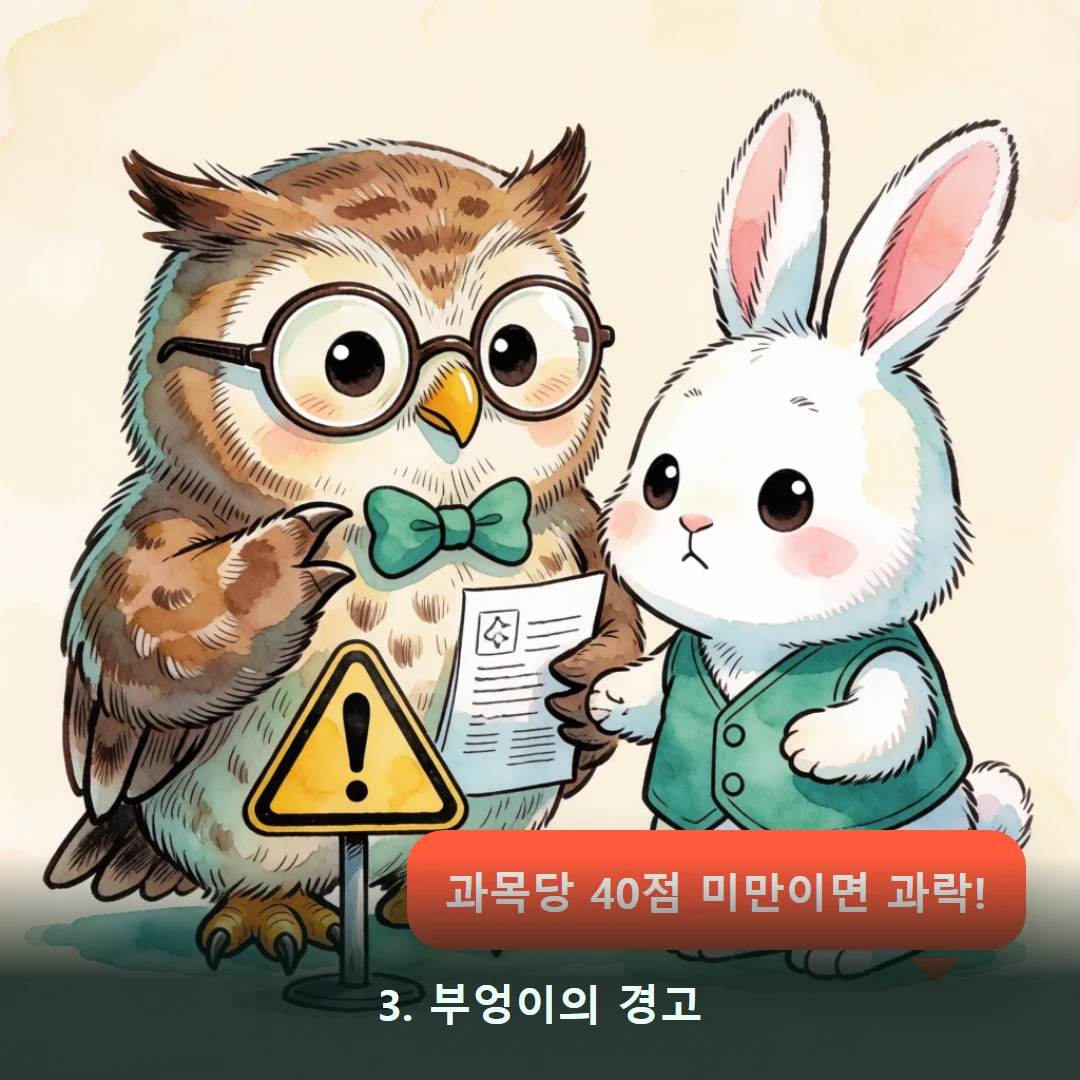 웹툰 3컷 — 3. 부엉이의 경고 (과목당 40점 미만이면 과락!)