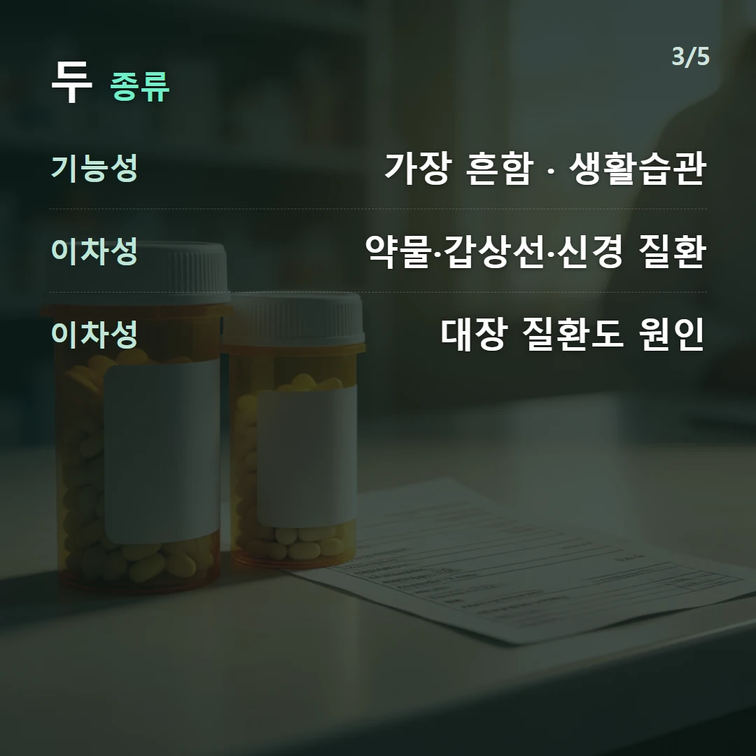 두 종류 — 기능성 가장 흔함 · 생활습관, 이차성 약물·갑상선·신경 질환, 이차성 대장 질환도 원인