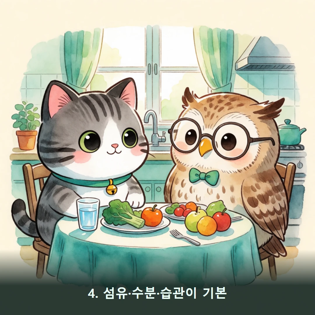 웹툰 4컷 — 4. 섬유·수분·습관이 기본