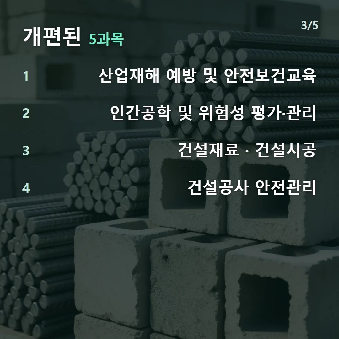 개편된 5과목 — 1 산업재해 예방 및 안전보건교육, 2 인간공학 및 위험성 평가·관리, 3 건설재료 · 건설시공, 4 건설공사 안전관리