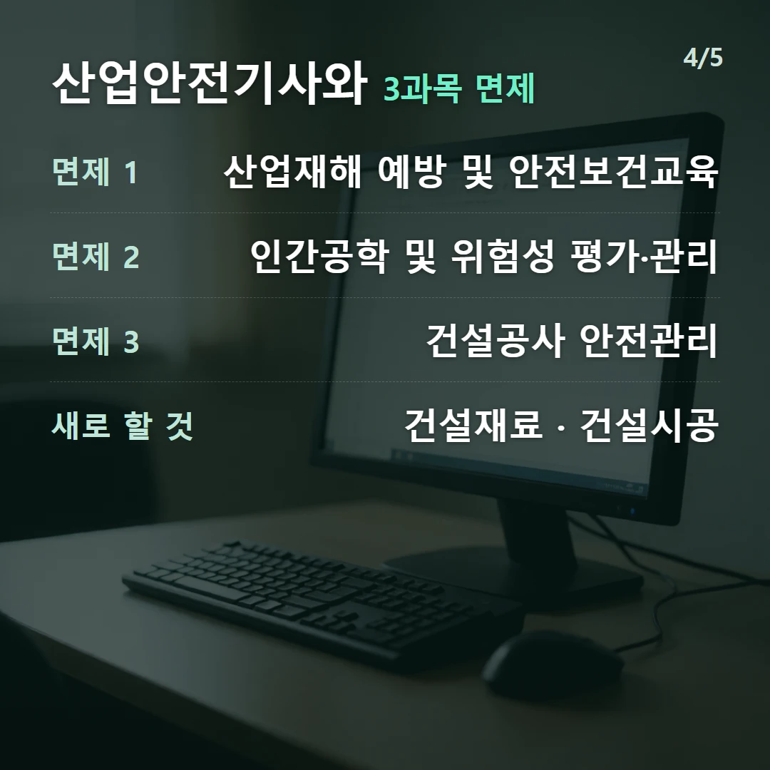 산업안전기사와 3과목 면제 — 면제 1 산업재해 예방 및 안전보건교육, 면제 2 인간공학 및 위험성 평가·관리, 면제 3 건설공사 안전관리, 새로 할 것 건설재료 · 건설시공