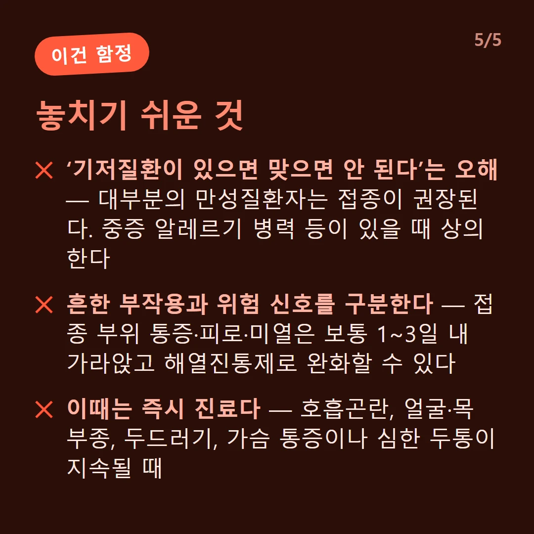 놓치기 쉬운 것 — ‘기저질환이 있으면 맞으면 안 된다’는 오해 — 대부분의 만성질환자는 접종이 권장된다. 중증 알레르기 병력 등이 있을 때 상의한다 / 흔한 부작용과 위험 신호를 구분한다 — 접종 부위 통증·피로·미열은 보통 1~3일 내 가라앉고 해열진통제로 완화할 수 있다 / 이때는 즉시 진료다 — 호흡곤란, 얼굴·목 부종, 두드러기, 가슴 통증이나 심한 두통이 지속될 때