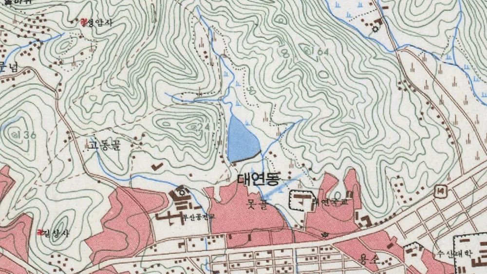 1960년대 1:25,000 지형도. 대연동 위쪽에 파란 못이 그려져 있다