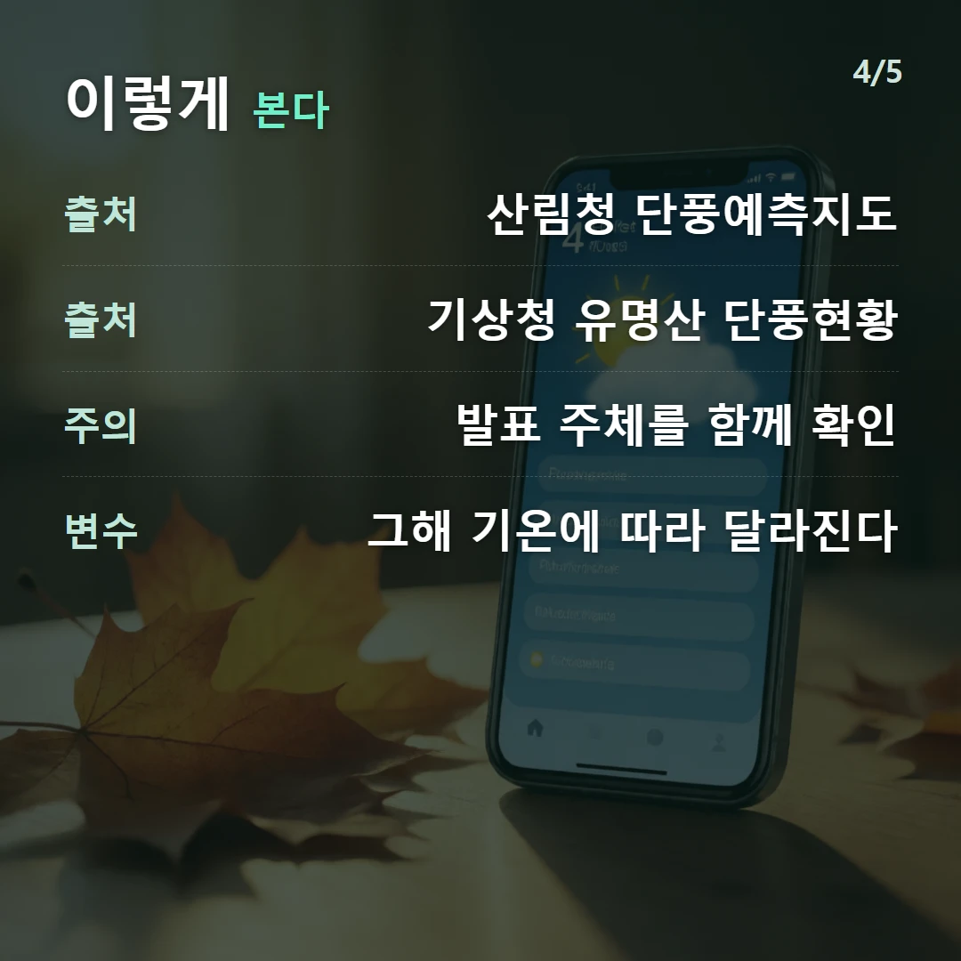 이렇게 본다 — 출처 산림청 단풍예측지도, 출처 기상청 유명산 단풍현황, 주의 발표 주체를 함께 확인, 변수 그해 기온에 따라 달라진다