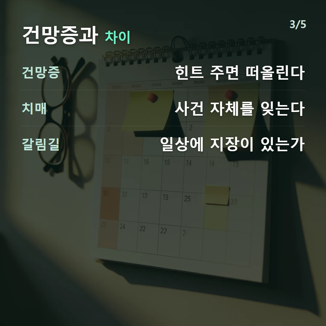 건망증과 차이 — 건망증 힌트 주면 떠올린다, 치매 사건 자체를 잊는다, 갈림길 일상에 지장이 있는가