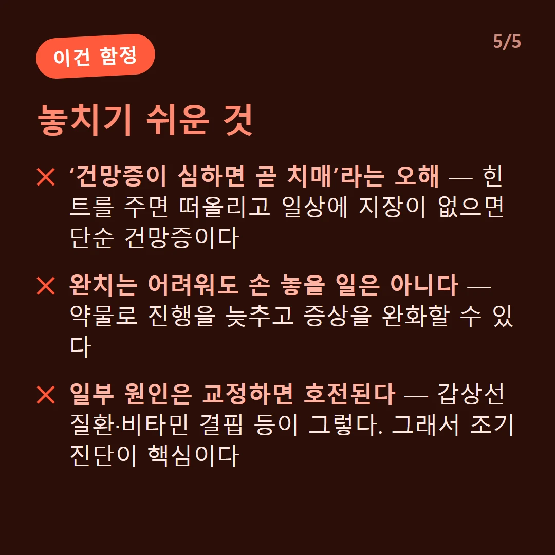 놓치기 쉬운 것 — ‘건망증이 심하면 곧 치매’라는 오해 — 힌트를 주면 떠올리고 일상에 지장이 없으면 단순 건망증이다 / 완치는 어려워도 손 놓을 일은 아니다 — 약물로 진행을 늦추고 증상을 완화할 수 있다 / 일부 원인은 교정하면 호전된다 — 갑상선 질환·비타민 결핍 등이 그렇다. 그래서 조기 진단이 핵심이다