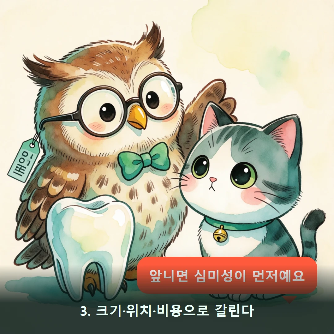 웹툰 3컷 — 3. 크기·위치·비용으로 갈린다 (앞니면 심미성이 먼저예요)