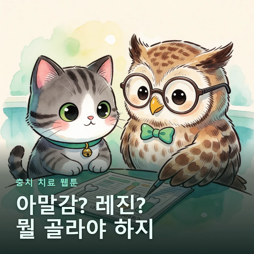 충치 치료 웹툰 표지 — 아말감? 레진? 뭘 골라야 하지