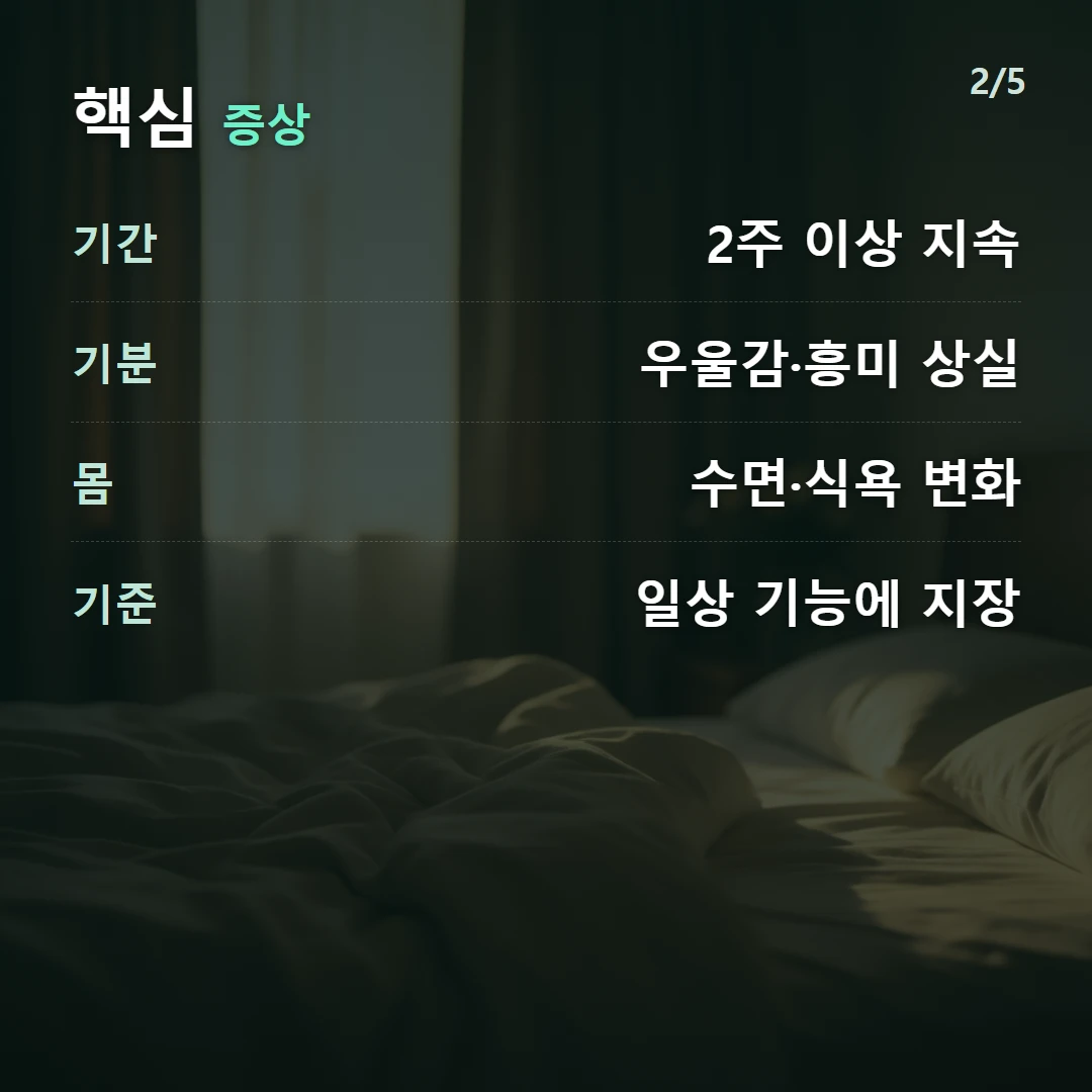 핵심 증상 — 기간 2주 이상 지속, 기분 우울감·흥미 상실, 몸 수면·식욕 변화, 기준 일상 기능에 지장