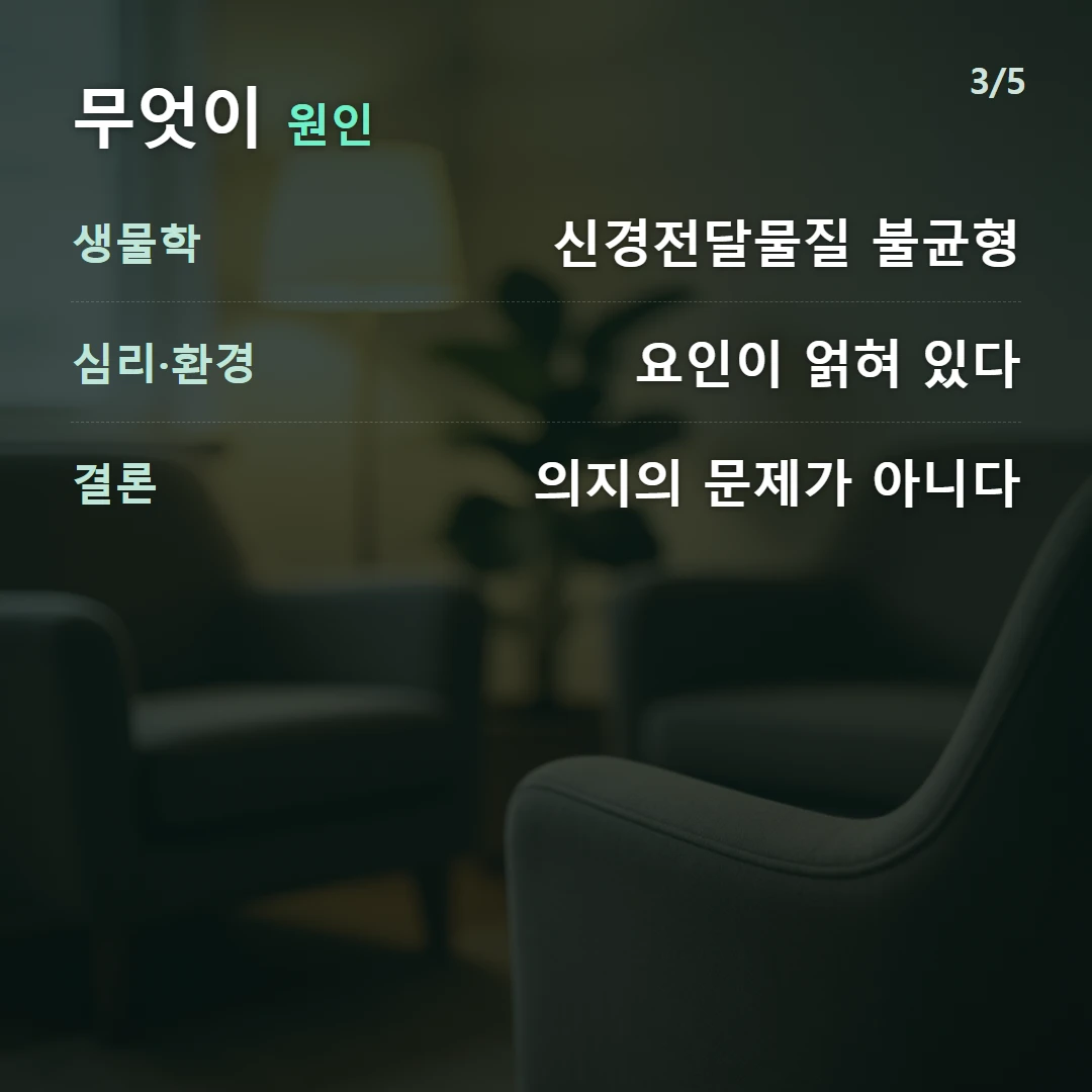 무엇이 원인 — 생물학 신경전달물질 불균형, 심리·환경 요인이 얽혀 있다, 결론 의지의 문제가 아니다