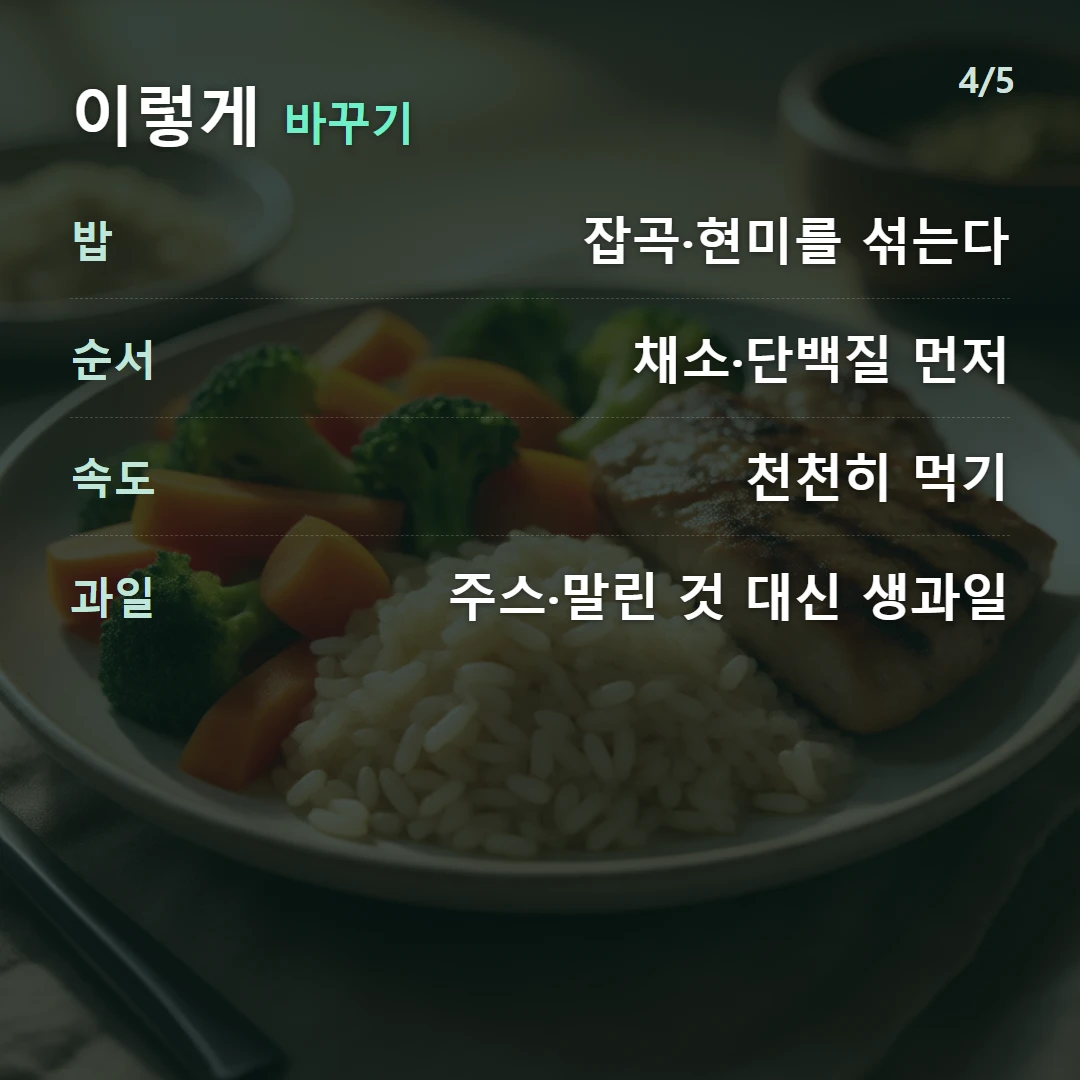 이렇게 바꾸기 — 밥 잡곡·현미를 섞는다, 순서 채소·단백질 먼저, 속도 천천히 먹기, 과일 주스·말린 것 대신 생과일
