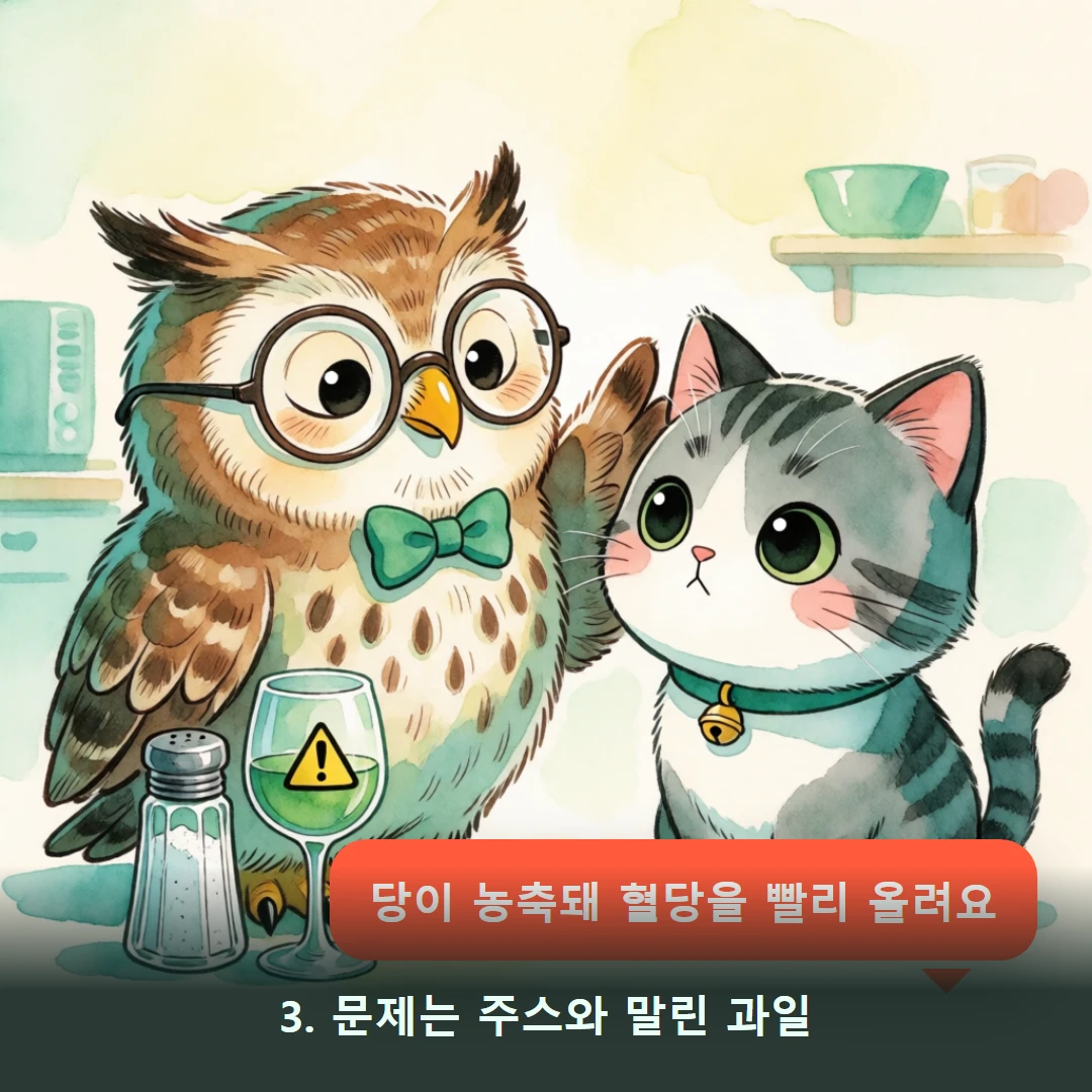 웹툰 3컷 — 3. 문제는 주스와 말린 과일 (당이 농축돼 혈당을 빨리 올려요)