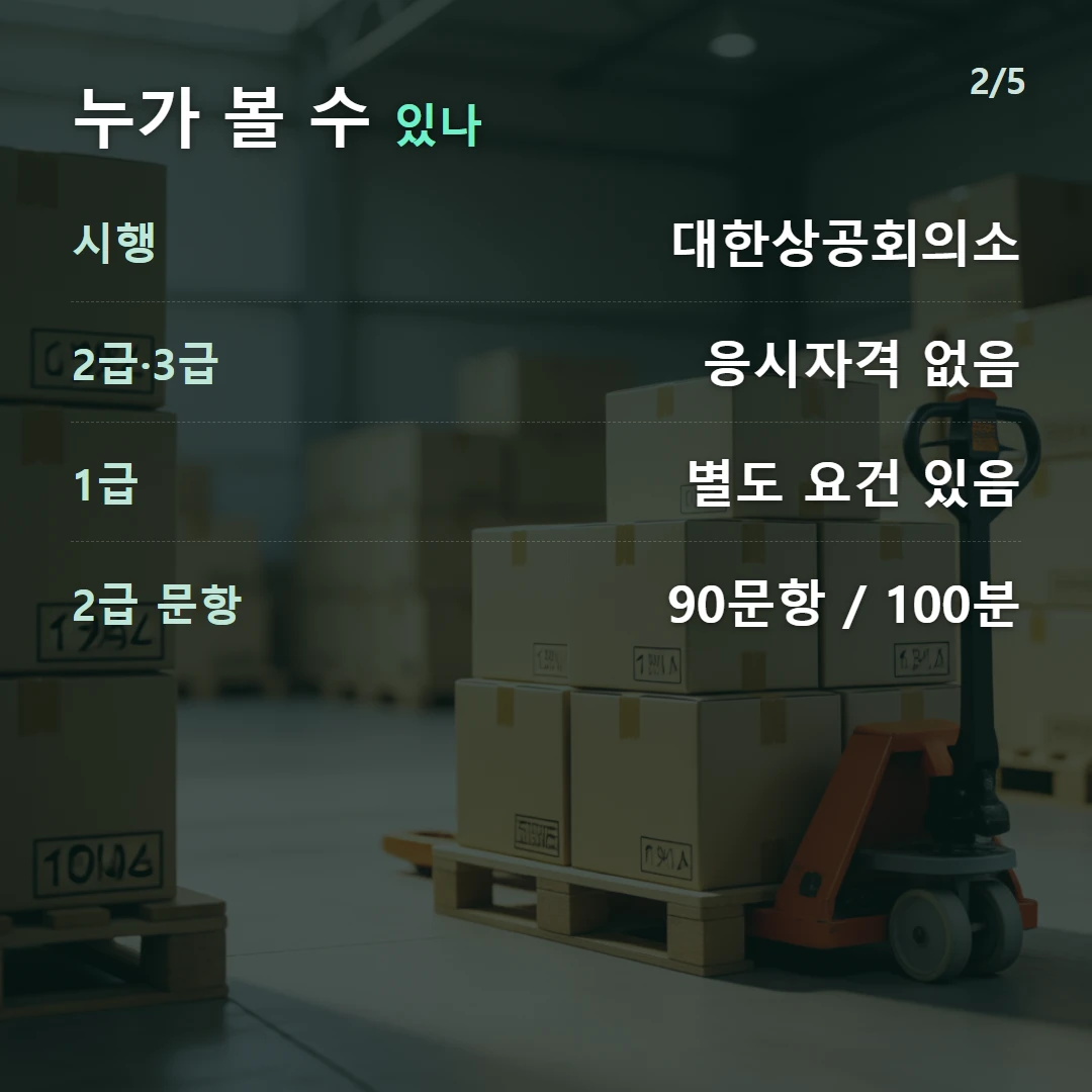누가 볼 수 있나 — 시행 대한상공회의소, 2급·3급 응시자격 없음, 1급 별도 요건 있음, 2급 문항 90문항 / 100분