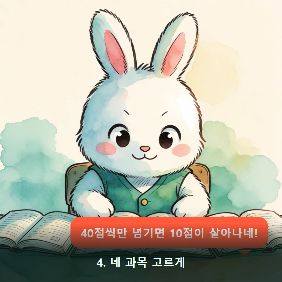 웹툰 4컷 — 4. 네 과목 고르게 (40점씩만 넘기면 10점이 살아나네!)