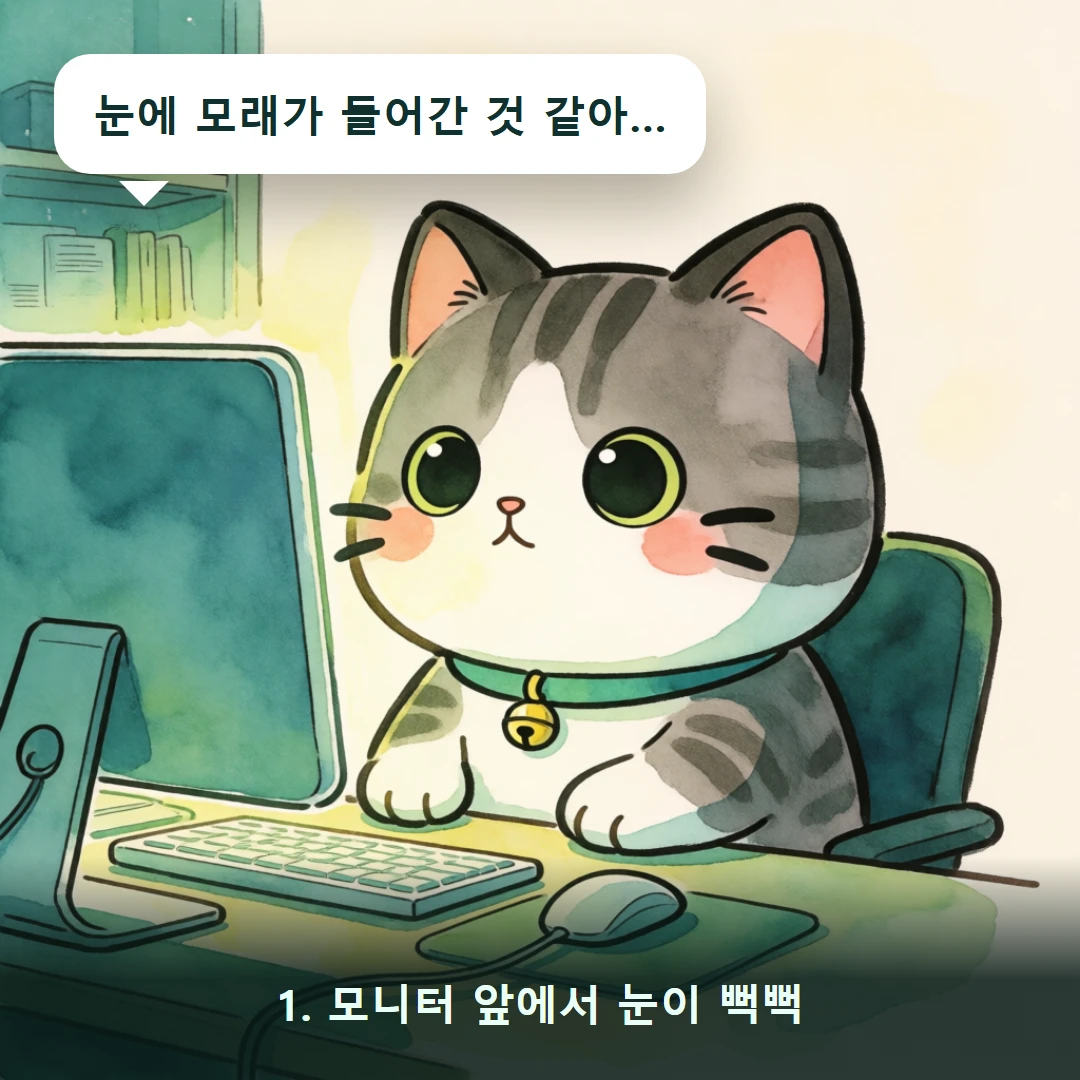 웹툰 1컷 — 1. 모니터 앞에서 눈이 뻑뻑 (눈에 모래가 들어간 것 같아…)