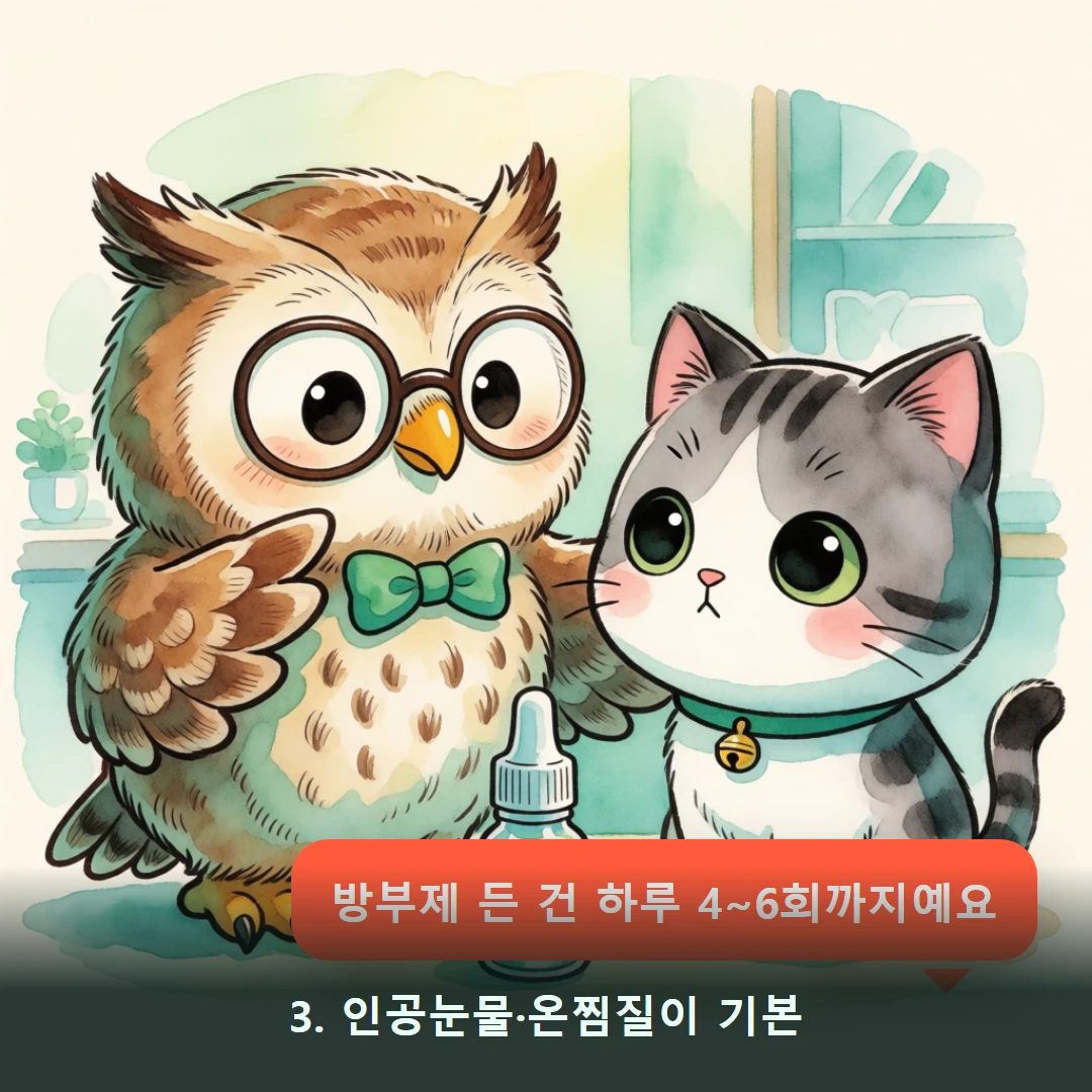 웹툰 3컷 — 3. 인공눈물·온찜질이 기본 (방부제 든 건 하루 4~6회까지예요)