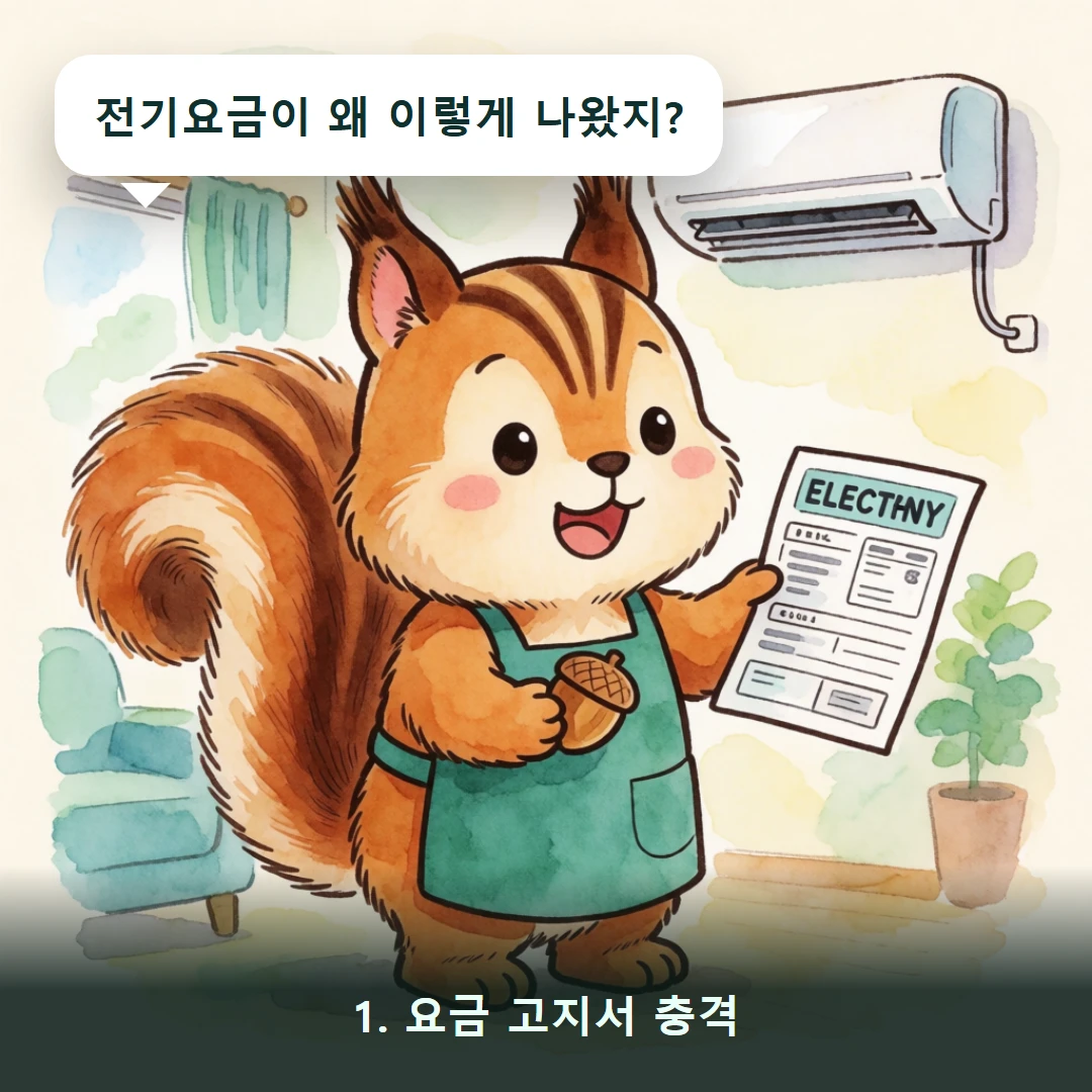 웹툰 1컷 — 1. 요금 고지서 충격 (전기요금이 왜 이렇게 나왔지?)
