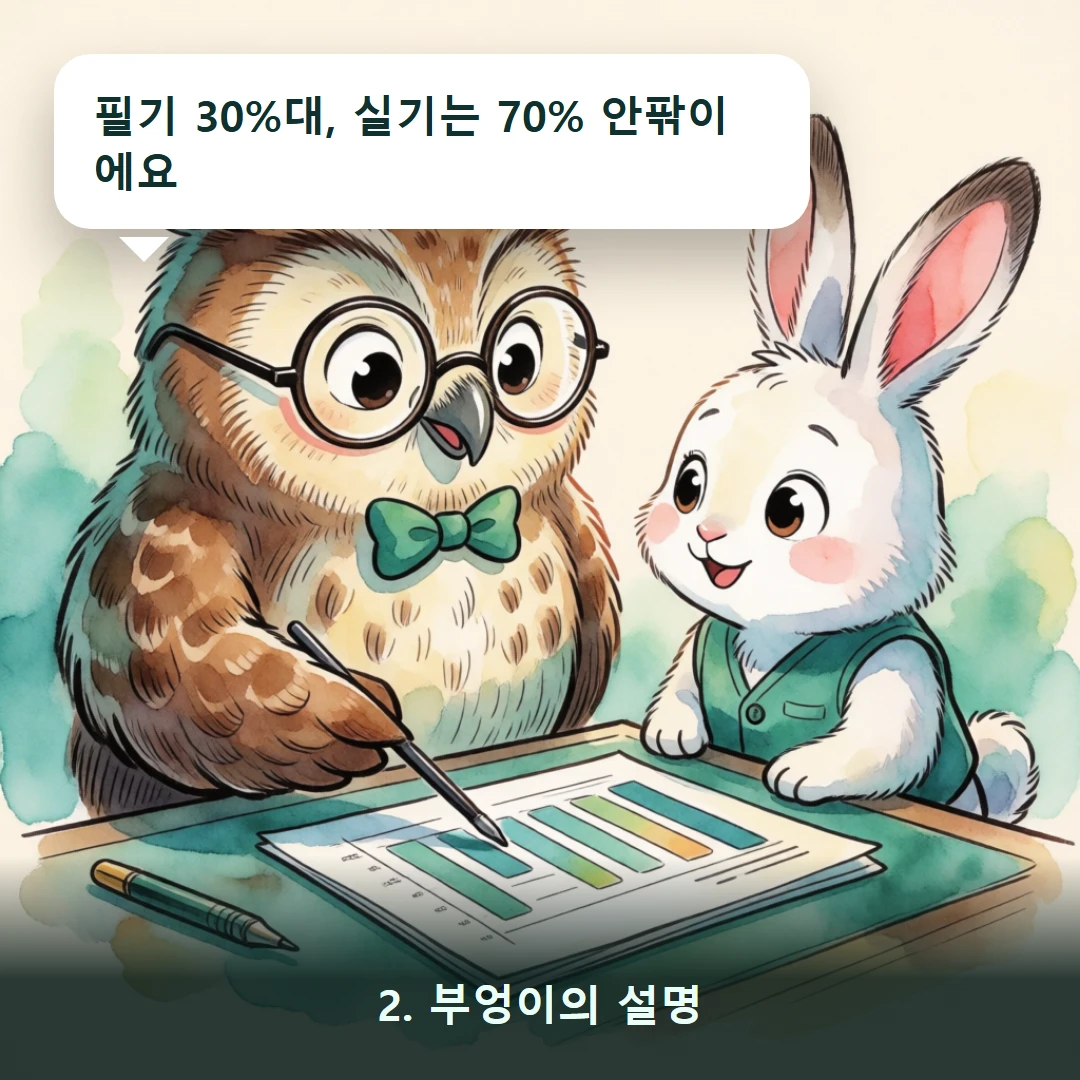 웹툰 2컷 — 2. 부엉이의 설명 (필기 30%대, 실기는 70% 안팎이에요)