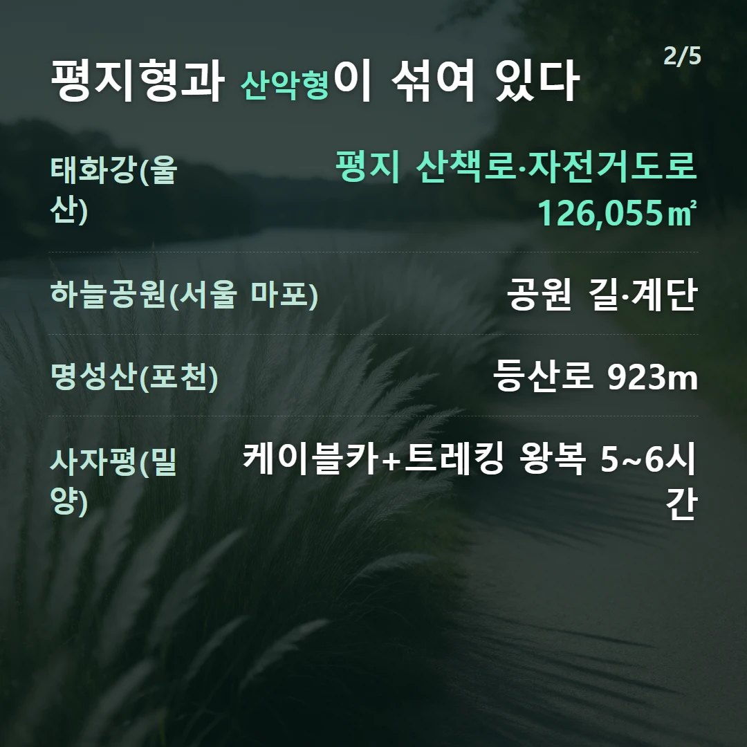 평지형과 산악형이 섞여 있다 — 태화강(울산) 평지 산책로·자전거도로 126,055㎡, 하늘공원(서울 마포) 공원 길·계단, 명성산(포천) 등산로 923m, 사자평(밀양) 케이블카+트레킹 왕복 5~6시간