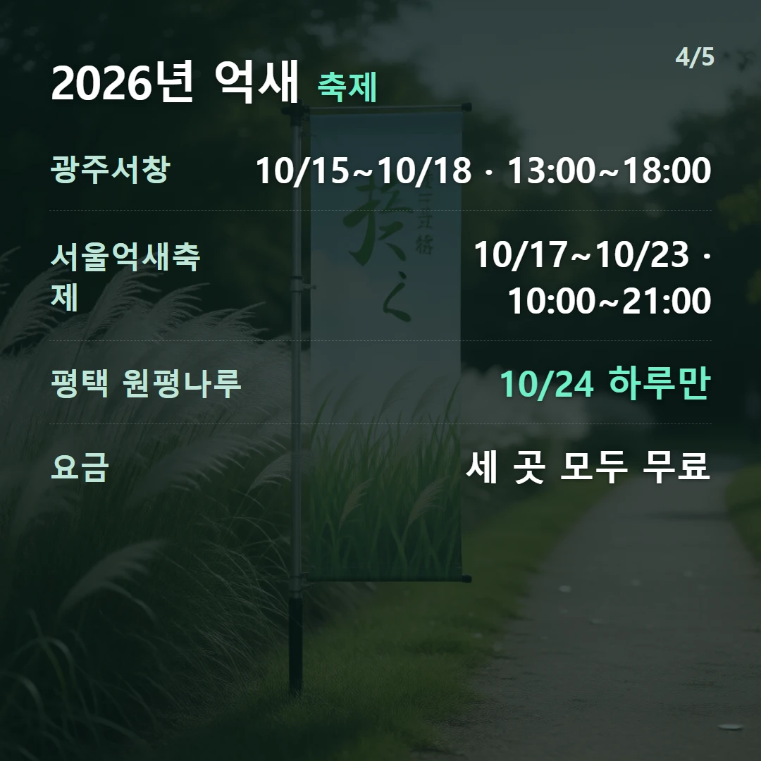 2026년 억새 축제 — 광주서창 10/15~10/18 · 13:00~18:00, 서울억새축제 10/17~10/23 · 10:00~21:00, 평택 원평나루 10/24 하루만, 요금 세 곳 모두 무료