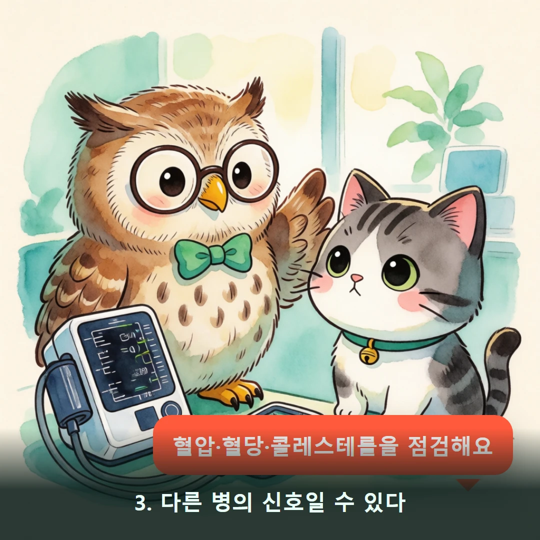 웹툰 3컷 — 3. 다른 병의 신호일 수 있다 (혈압·혈당·콜레스테롤을 점검해요)