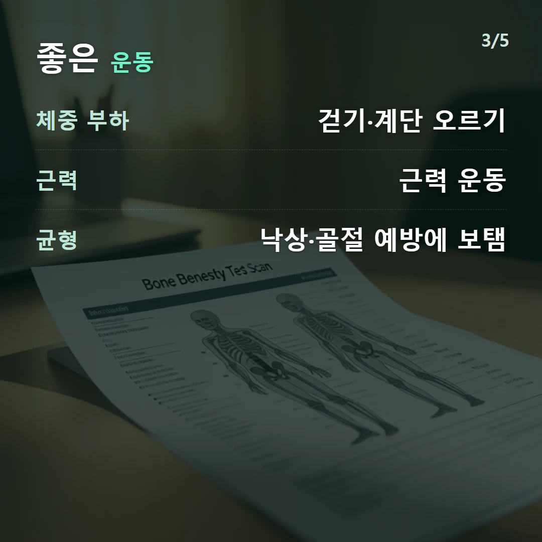 좋은 운동 — 체중 부하 걷기·계단 오르기, 근력 근력 운동, 균형 낙상·골절 예방에 보탬