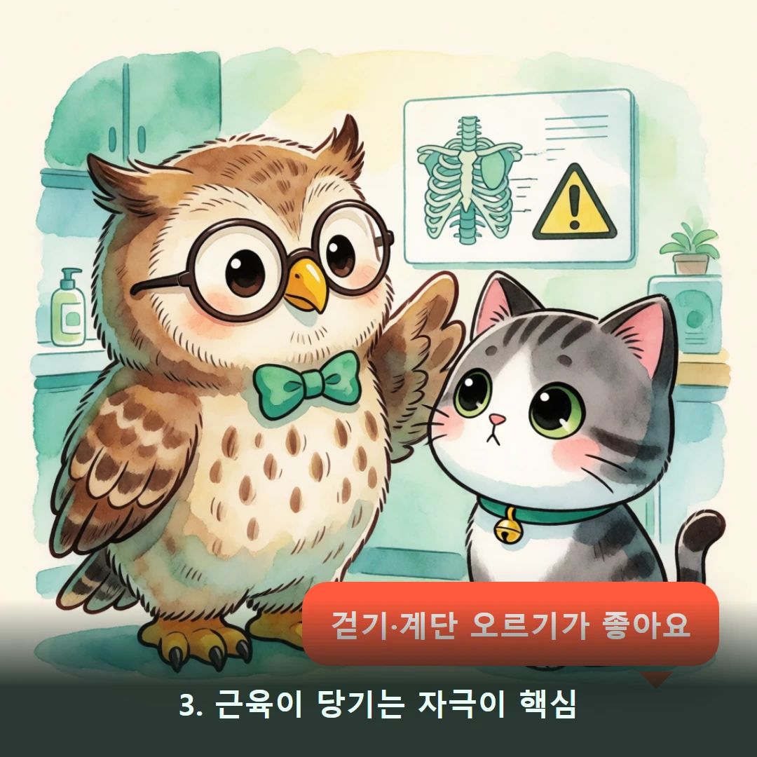 웹툰 3컷 — 3. 근육이 당기는 자극이 핵심 (걷기·계단 오르기가 좋아요)