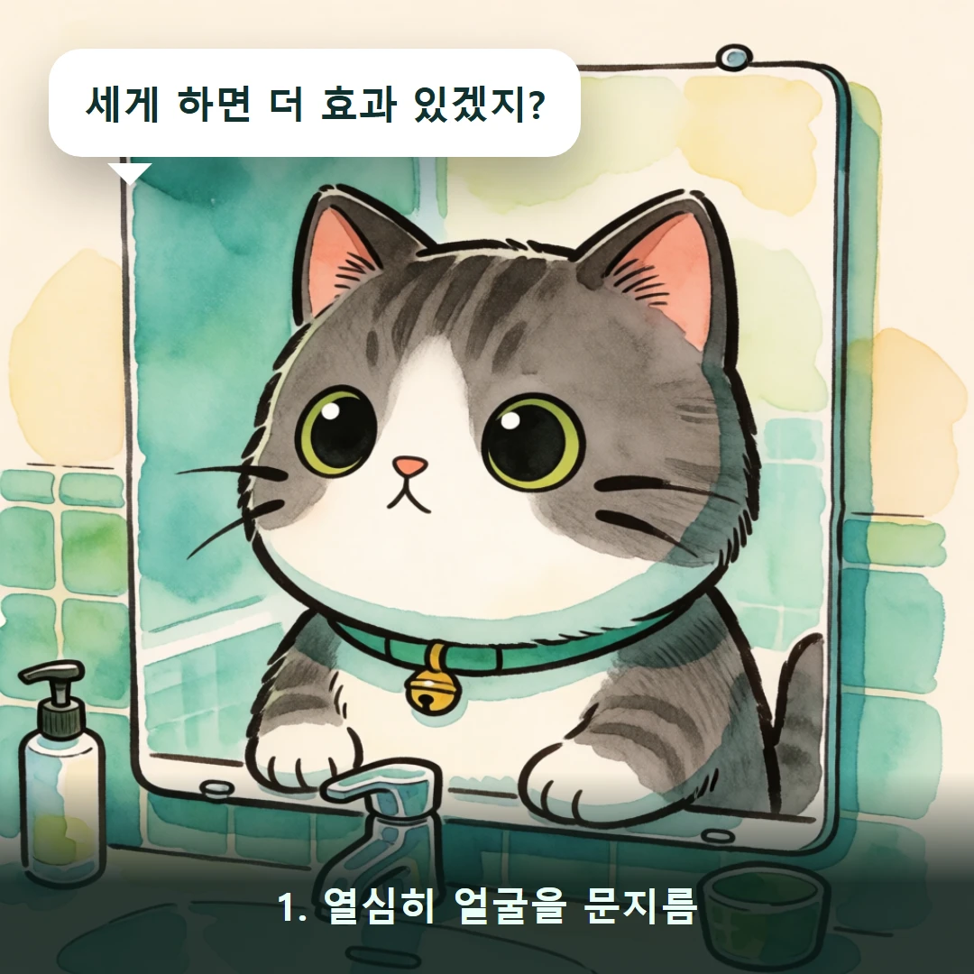 웹툰 1컷 — 1. 열심히 얼굴을 문지름 (세게 하면 더 효과 있겠지?)