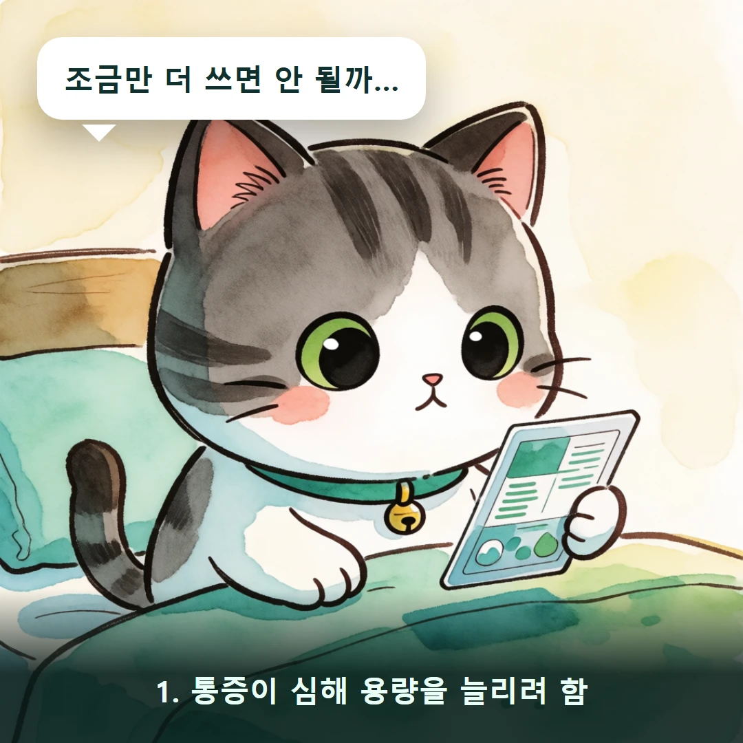 웹툰 1컷 — 1. 통증이 심해 용량을 늘리려 함 (조금만 더 쓰면 안 될까…)