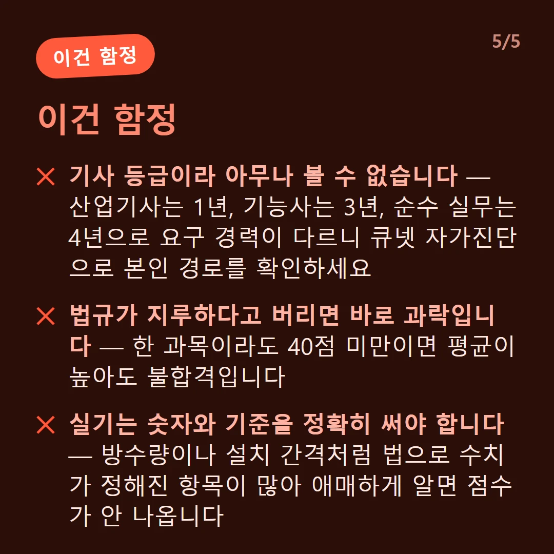 이건 함정 — 기사 등급이라 아무나 볼 수 없습니다 — 산업기사는 1년, 기능사는 3년, 순수 실무는 4년으로 요구 경력이 다르니 큐넷 자가진단으로 본인 경로를 확인하세요 / 법규가 지루하다고 버리면 바로 과락입니다 — 한 과목이라도 40점 미만이면 평균이 높아도 불합격입니다 / 소방유체역학이 기계분야의 고비입니다 — 기계분야 수험생이 가장 힘들어하는 과목으로 꼽힙니다 / 실기는 숫자와 기준을 정확히 써야 합니다 — 방수량이나 설치 간격처럼 법으로 수치가 정해진 항목이 많아 애매하게 알면 점수가 안 나옵니다