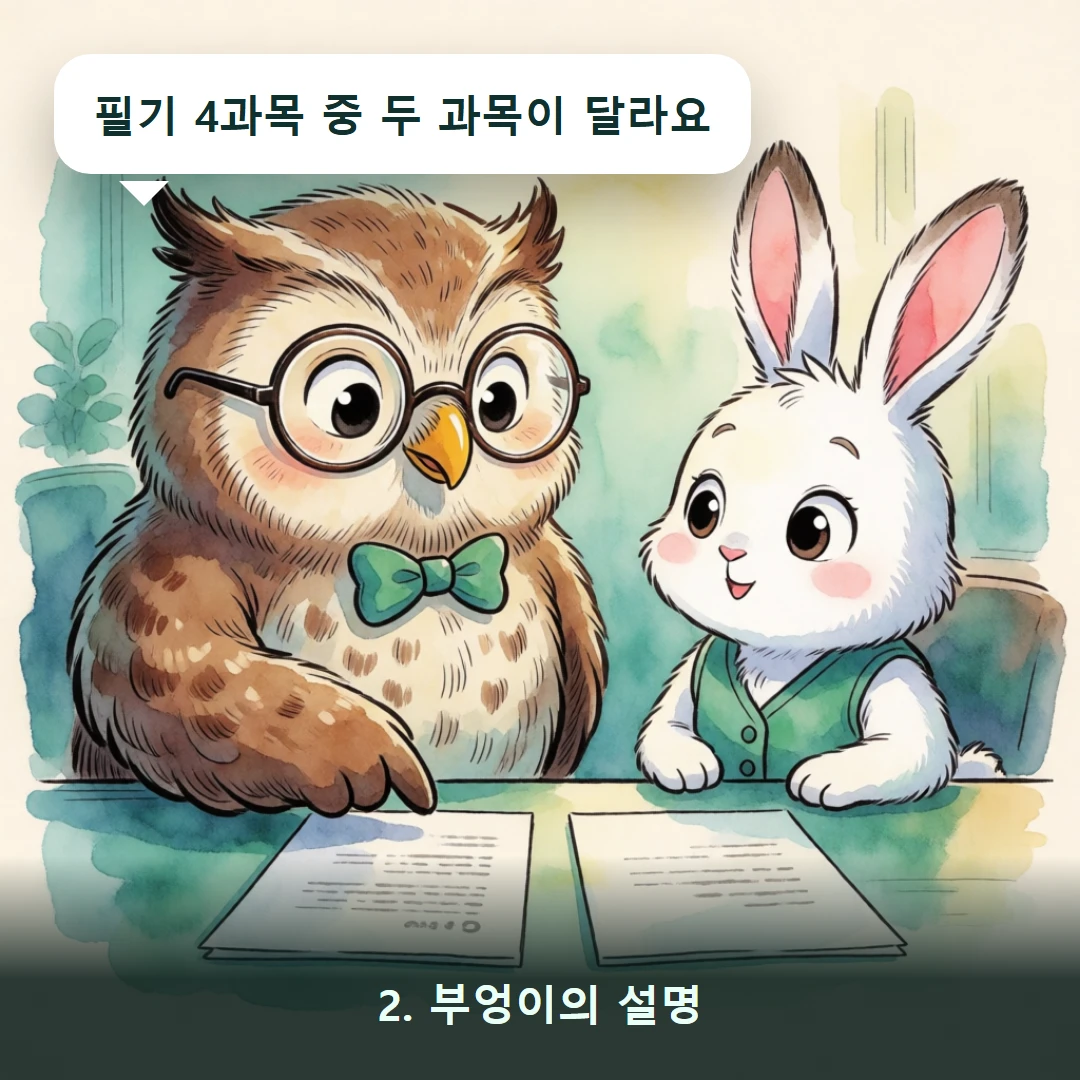 웹툰 2컷 — 2. 부엉이의 설명 (필기 4과목 중 두 과목이 달라요)