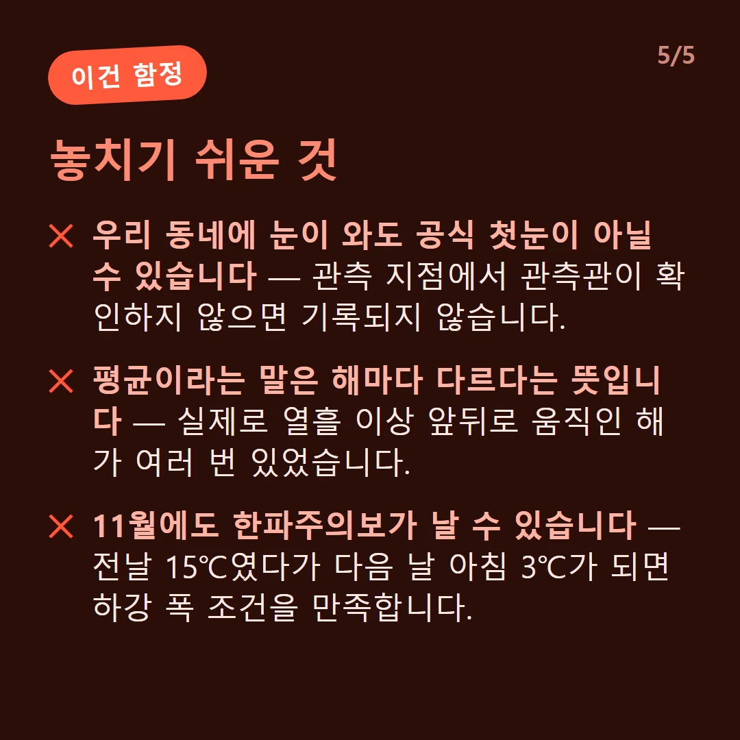 놓치기 쉬운 것 — 우리 동네에 눈이 와도 공식 첫눈이 아닐 수 있습니다 — 관측 지점에서 관측관이 확인하지 않으면 기록되지 않습니다. / 평균이라는 말은 해마다 다르다는 뜻입니다 — 실제로 열흘 이상 앞뒤로 움직인 해가 여러 번 있었습니다. / 11월에도 한파주의보가 날 수 있습니다 — 전날 15℃였다가 다음 날 아침 3℃가 되면 하강 폭 조건을 만족합니다.