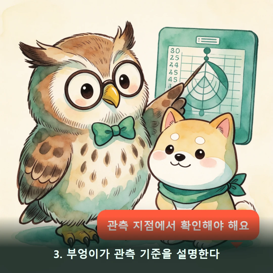 웹툰 3컷 — 3. 부엉이가 관측 기준을 설명한다 (관측 지점에서 확인해야 해요)