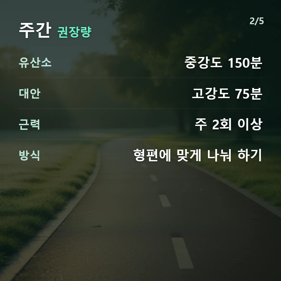 주간 권장량 — 유산소 중강도 150분, 대안 고강도 75분, 근력 주 2회 이상, 방식 형편에 맞게 나눠 하기