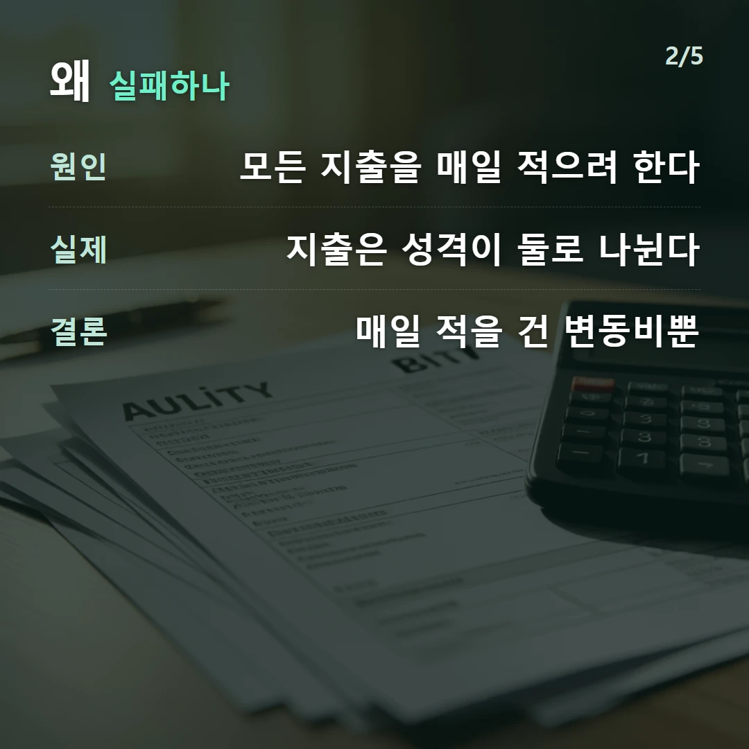 왜 실패하나 — 원인 모든 지출을 매일 적으려 한다, 실제 지출은 성격이 둘로 나뉜다, 결론 매일 적을 건 변동비뿐