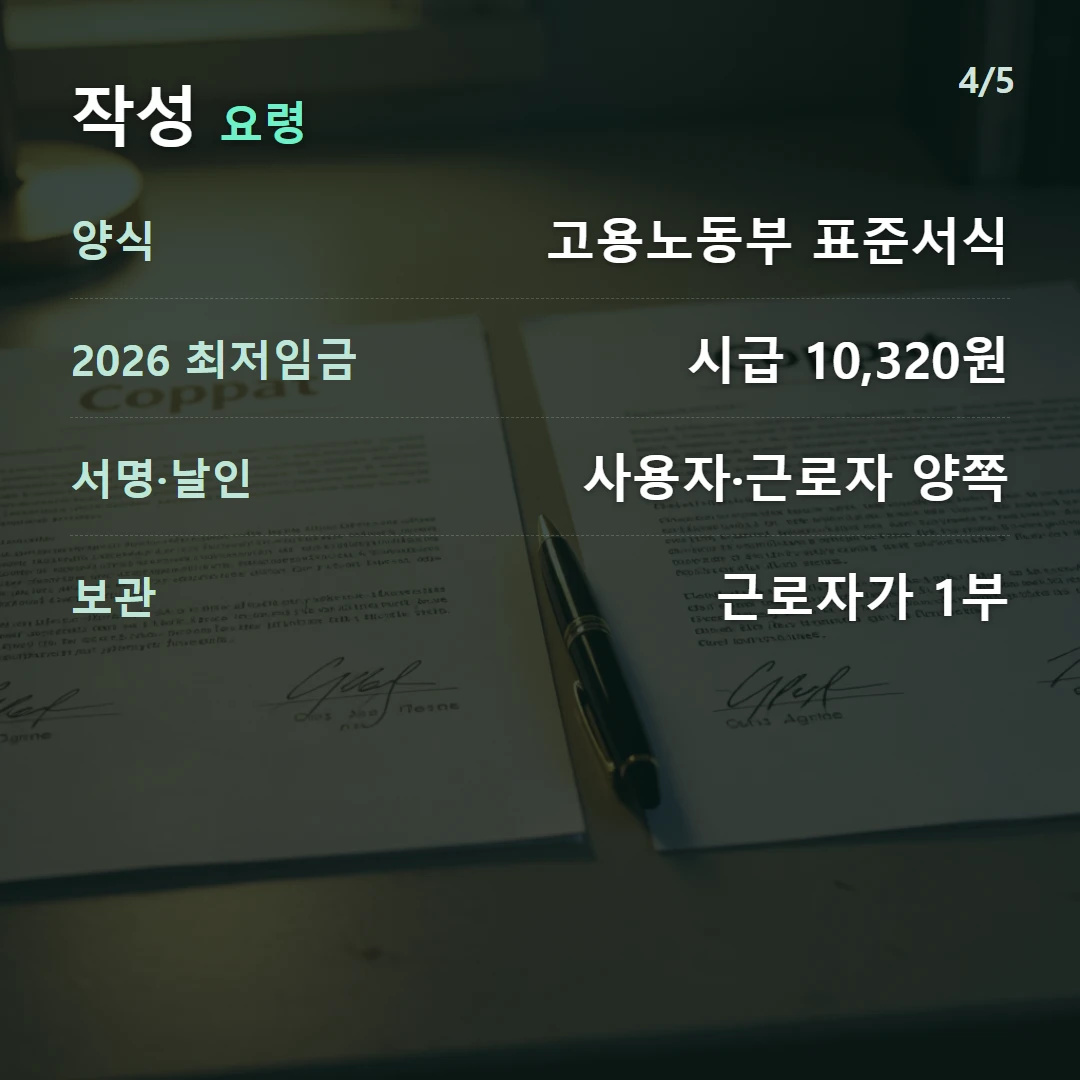 작성 요령 — 양식 고용노동부 표준서식, 2026 최저임금 시급 10,320원, 서명·날인 사용자·근로자 양쪽, 보관 근로자가 1부