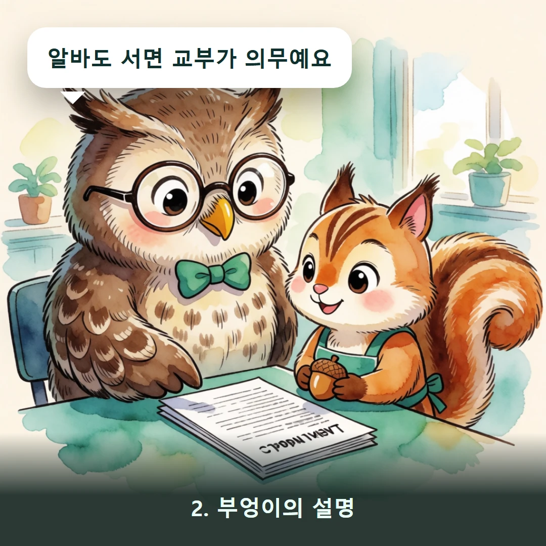 웹툰 2컷 — 2. 부엉이의 설명 (알바도 서면 교부가 의무예요)