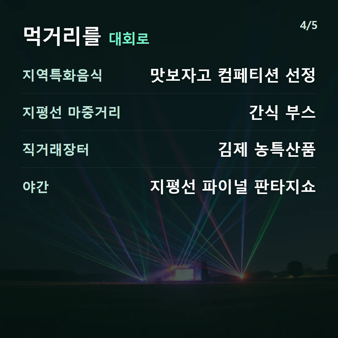 먹거리를 대회로 — 지역특화음식 맛보자고 컴페티션 선정, 지평선 마중거리 간식 부스, 직거래장터 김제 농특산품, 야간 지평선 파이널 판타지쇼